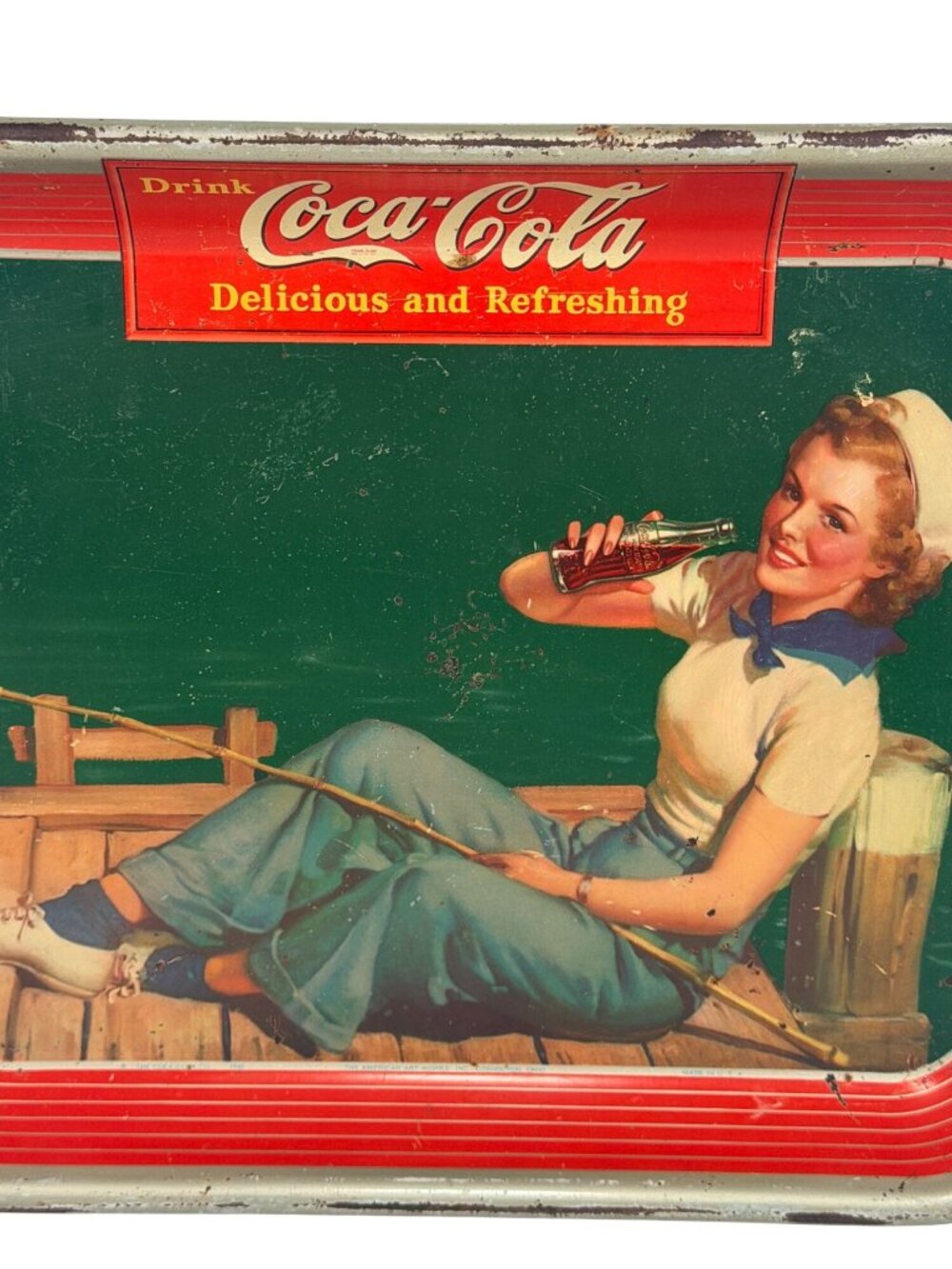 Vintage 1940 Coca-Cola Tin Tray Retro Sailor Fishing Girl Design 13" x 10.5" - Picture 3 of 8